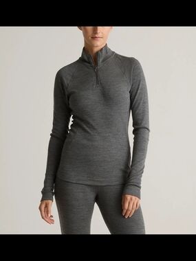 Quince 100% Merino Wool All Season Base Layer 1/4 Zip S Gray Collared Hiking